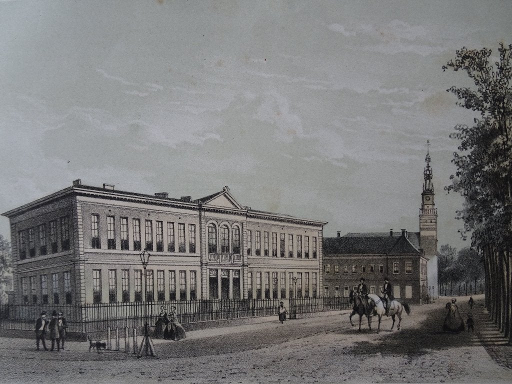 steendruk Kamerling Onnes lab Leiden, PWM Trap, 19e eeuw, Ophalen of Verzenden, Origineel