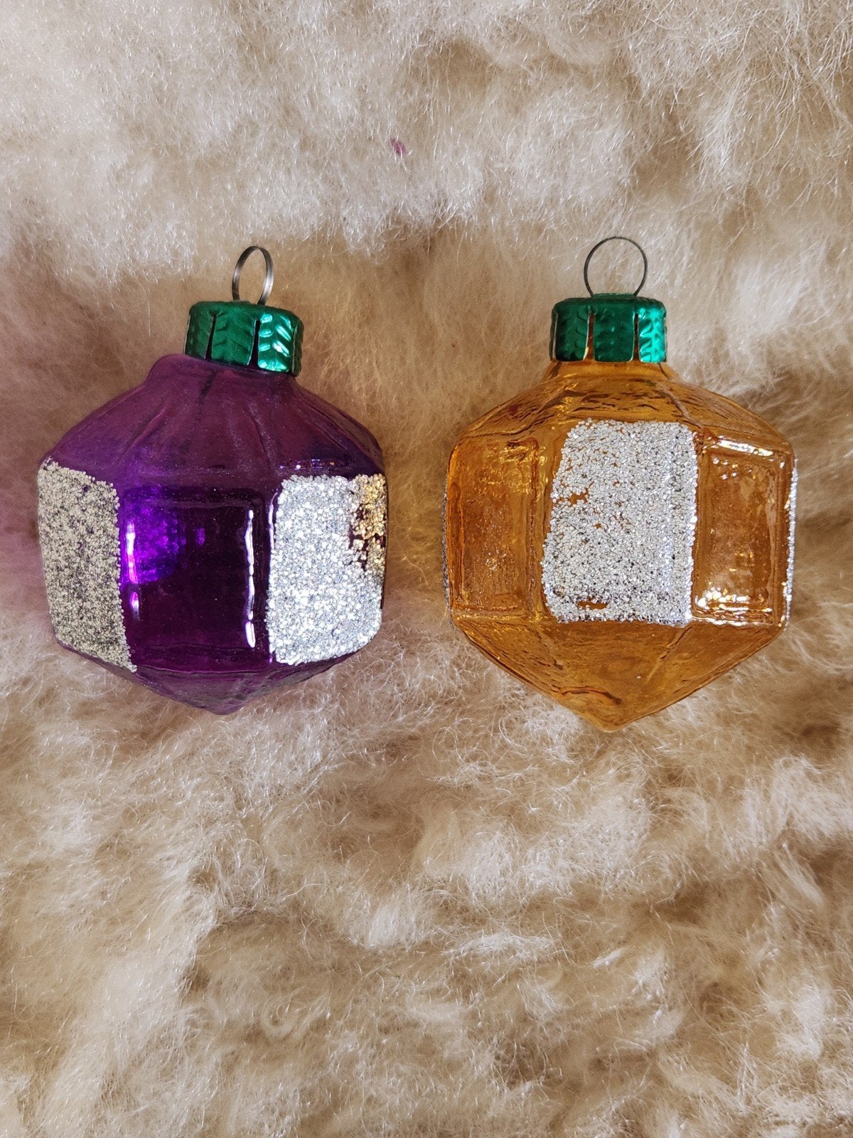 2x Vintage kerstbal - Lantaarn vorm - Paars/Oranje/zilver, Ophalen of Verzenden, Gebruikt