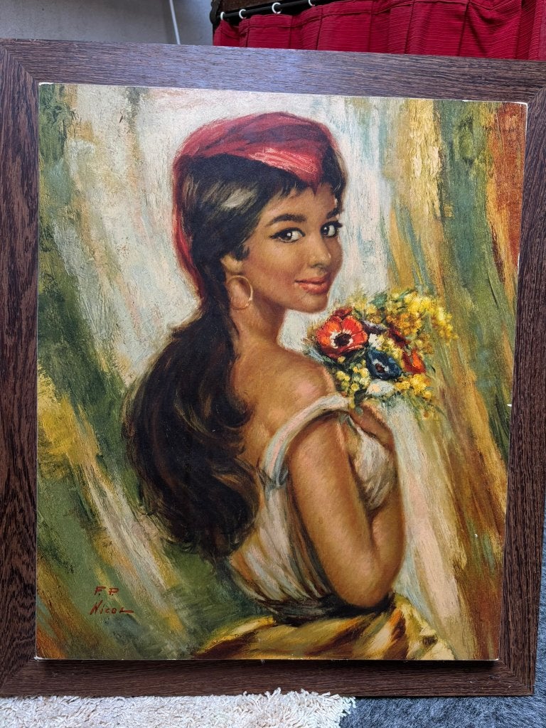 Olieprint uit jaren '60/'70, Antiek en Kunst, Kunst | Schilderijen | Klassiek, Ophalen, Paneel, Portret of Personen, Print