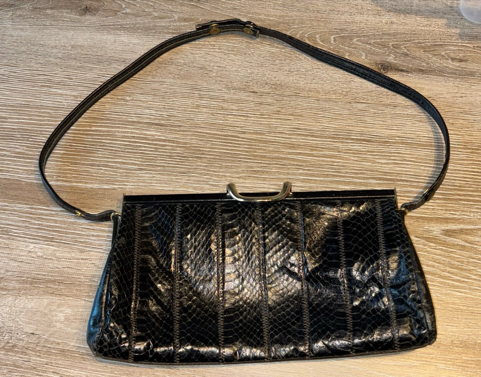 Vintage Jane Shilton Slangenleer Handtas - 30x16 cm, Ophalen, Gebruikt, Zwart, Handtas