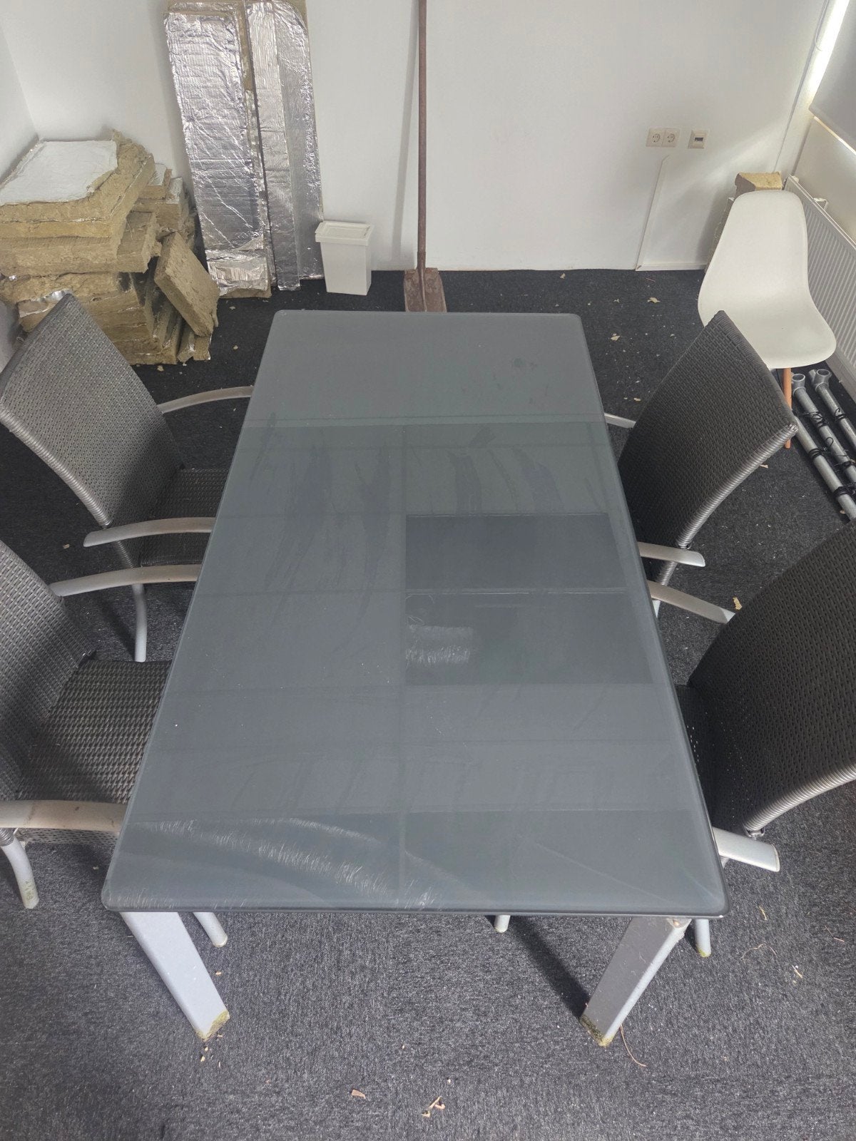 Tuinset glazen tafel 190x95 cm + 4 wicker tuinstoelen, Ophalen, Gebruikt, 50 tot 100 cm, Glas
