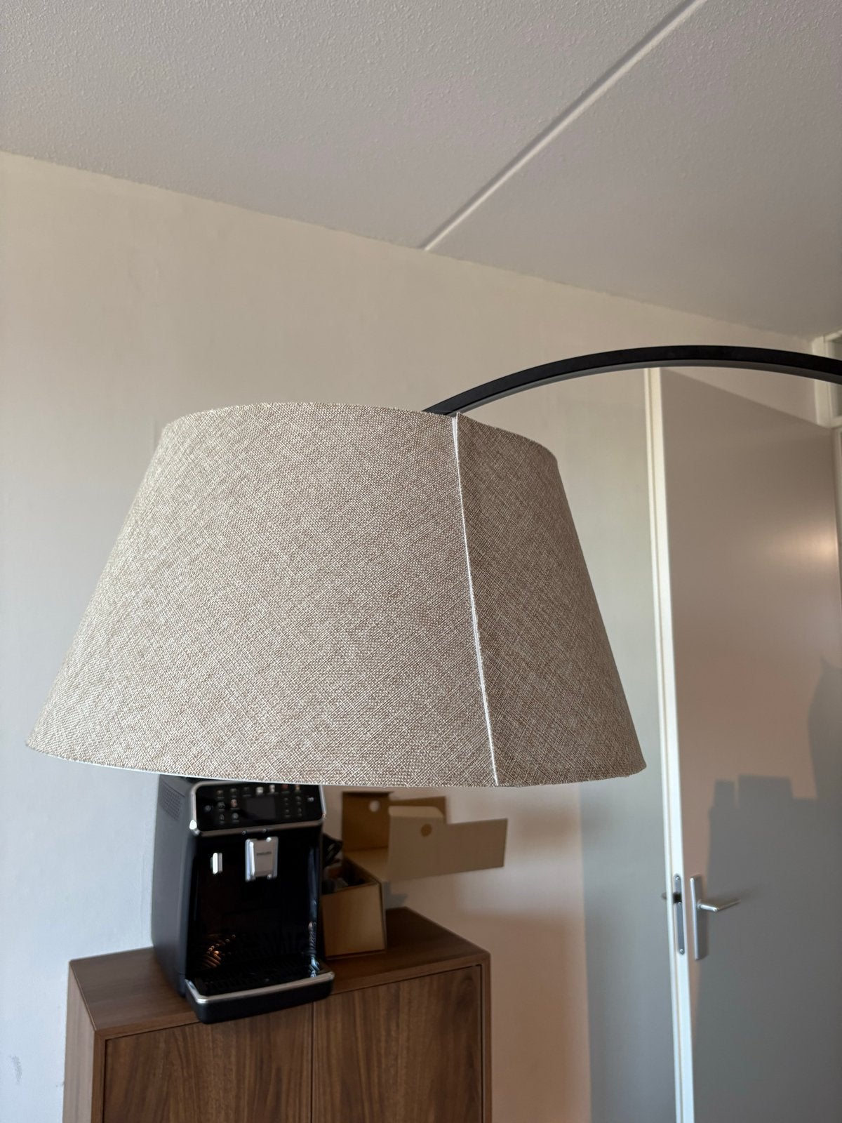 Moderne booglamp met stoffen kap, Zo goed als nieuw, Metaal, 150 tot 200 cm, E27 (groot)