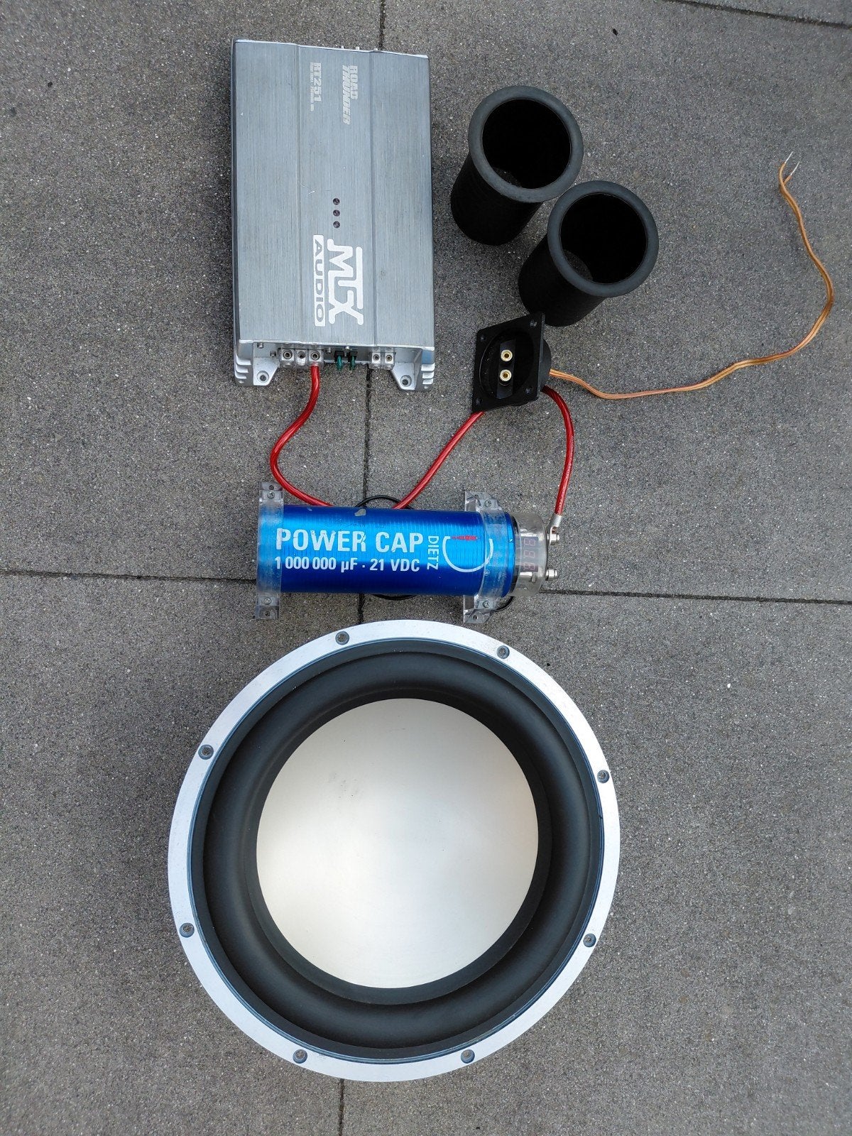Subwoofer set: Pyle, MTX versterker, Dietz Power Cap, Gebruikt, Inclusief kabels, Subwoofer, Ophalen
