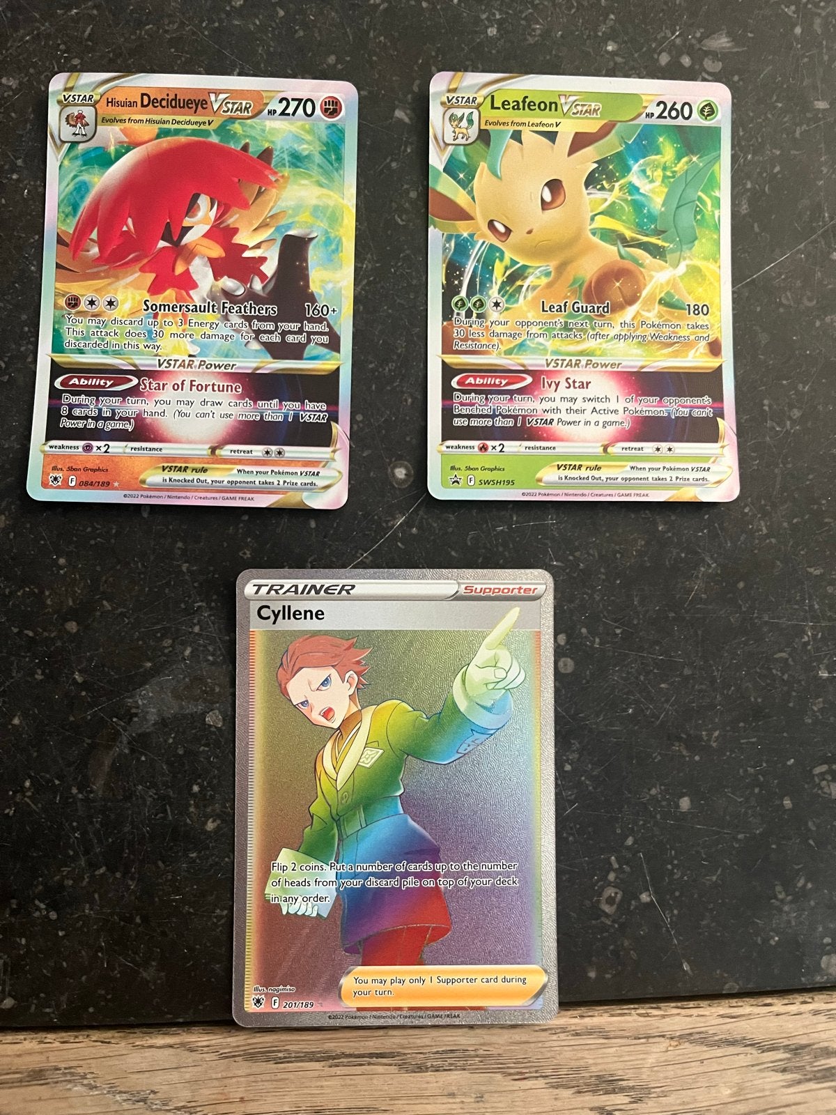 Pokémon Kaarten: Hisuian Decidueye VSTAR, Leafeon VSTAR, Cyl, Ophalen of Verzenden, Zo goed als nieuw, Meerdere kaarten, Foil