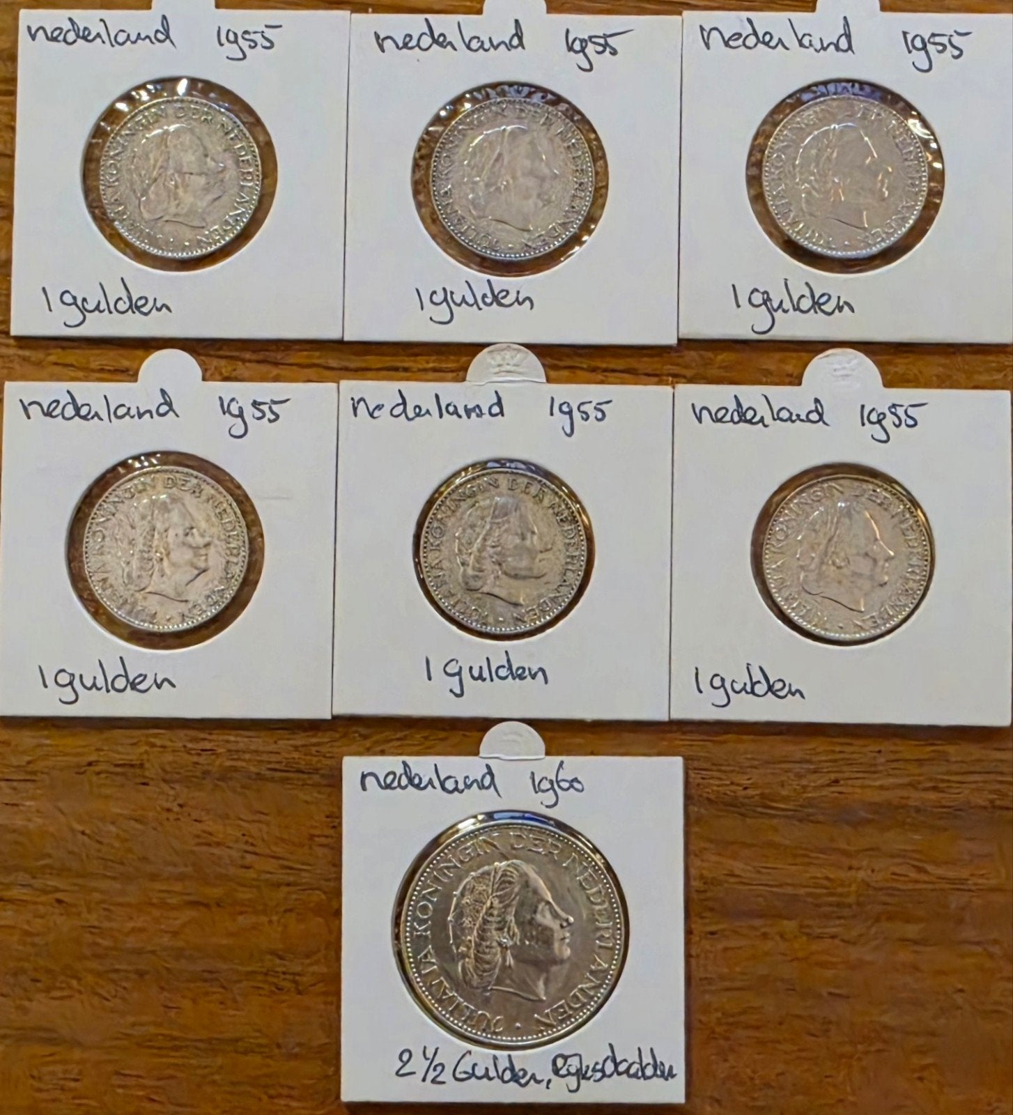 Set van 6x 1 Gulden 1955 en 1x 2½ Gulden 1960 Juliana, Koningin Juliana, Zilver, Ophalen of Verzenden, Losse munt