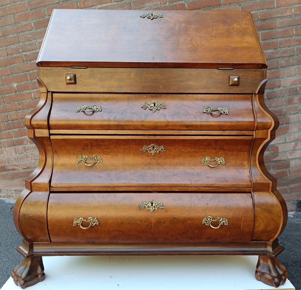 Antiek Barok wortelnoten buiksecretaire - buikkastje, Ophalen, Gebruikt, Barok