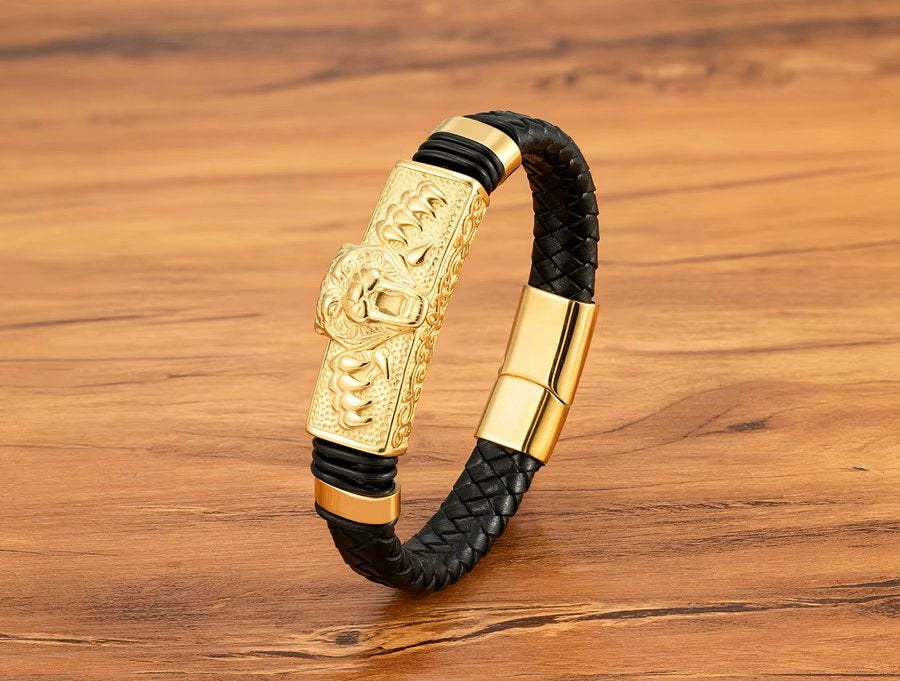 Zwarte Gouden Tijger Heren Armband, Verzenden, Nieuw, Zwart, Leer