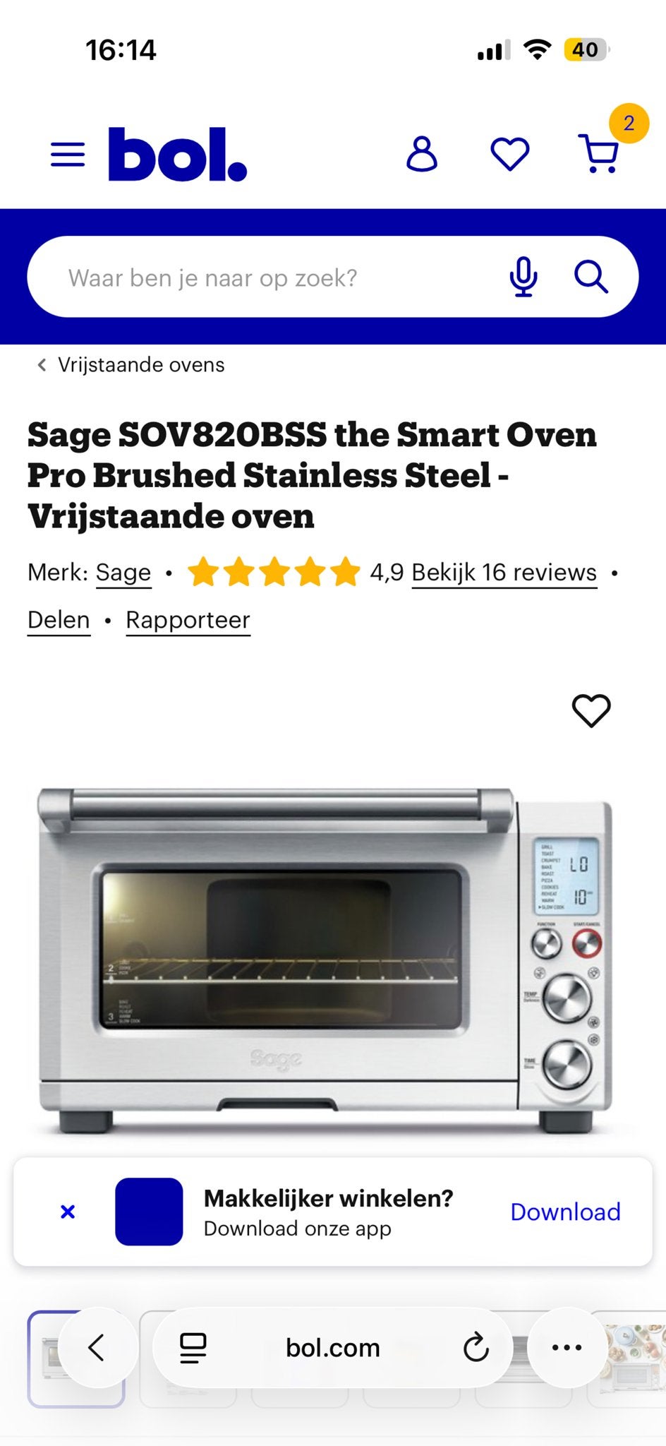 Sage Vrijstaande oven, Ophalen, Minder dan 45 cm, Oven, Gebruikt