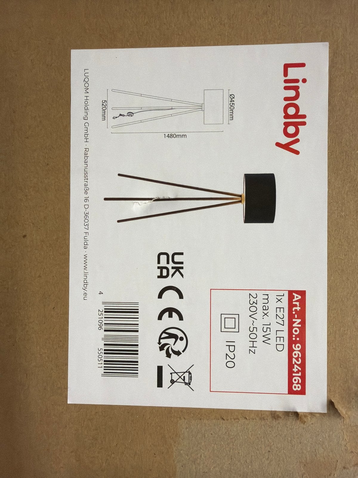 Lindby Vloerlamp Statief Zwart/Goud - Nieuw in doos, 100 tot 150 cm, Nieuw, Ophalen of Verzenden, Rond