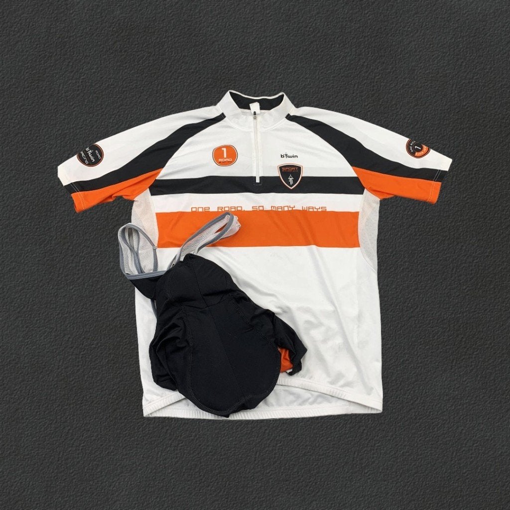 B'TWIN Wielrencycleset (Jersey + Gevoerde bibtight), Wit, Maat 56/58 (XL), Ophalen of Verzenden, Zo goed als nieuw