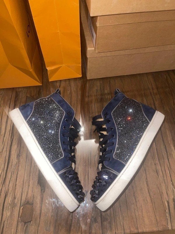 Christian Louboutin Navy Spiked High-Top Sneakers, Overige kleuren, Ophalen of Verzenden, Sneakers of Gympen, Zo goed als nieuw