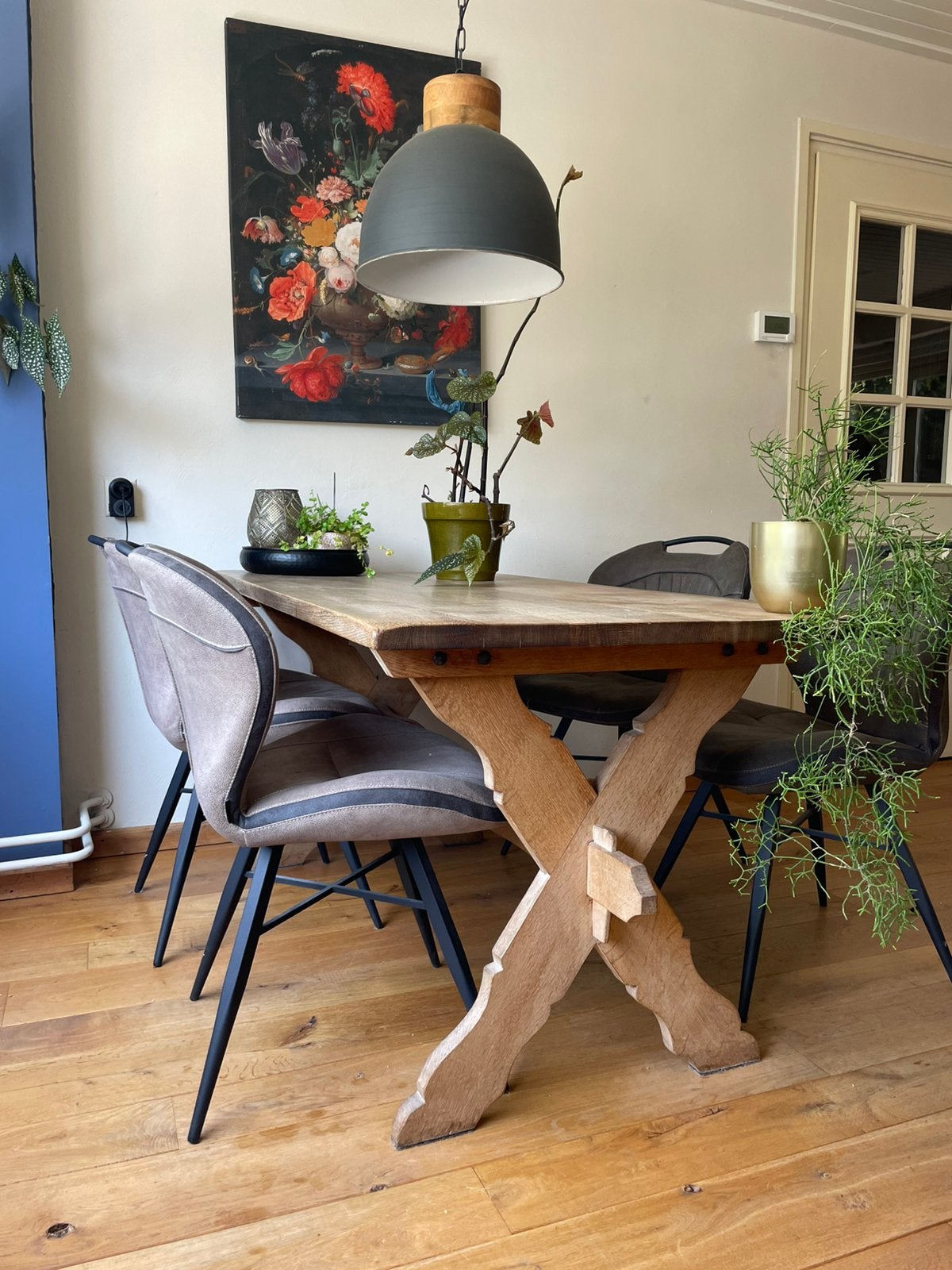 Eerhoek eiken & 4 stoelen, Ophalen, 200 cm of meer, 50 tot 100 cm, Zo goed als nieuw