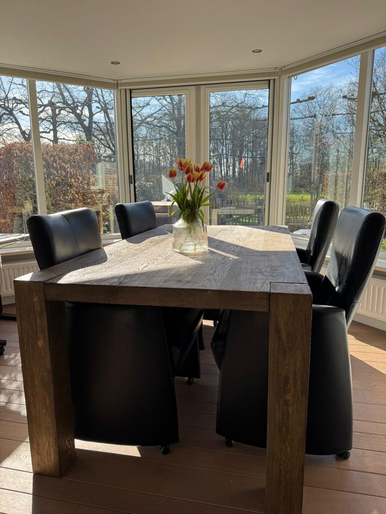 Robuuste houten gezandstraalde eettafel, Huis en Inrichting, Tafels | Eettafels, Ophalen, Gebruikt, 100 tot 150 cm, Eikenhout