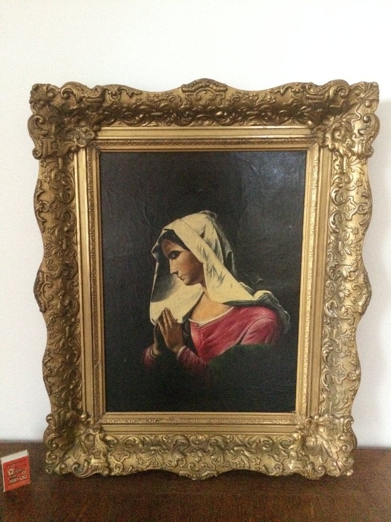 Devoot biddende vrouw rood velours wit hoofddoek barok lijst, Bijzondere lijst, Doek, Overige technieken, Ophalen of Verzenden