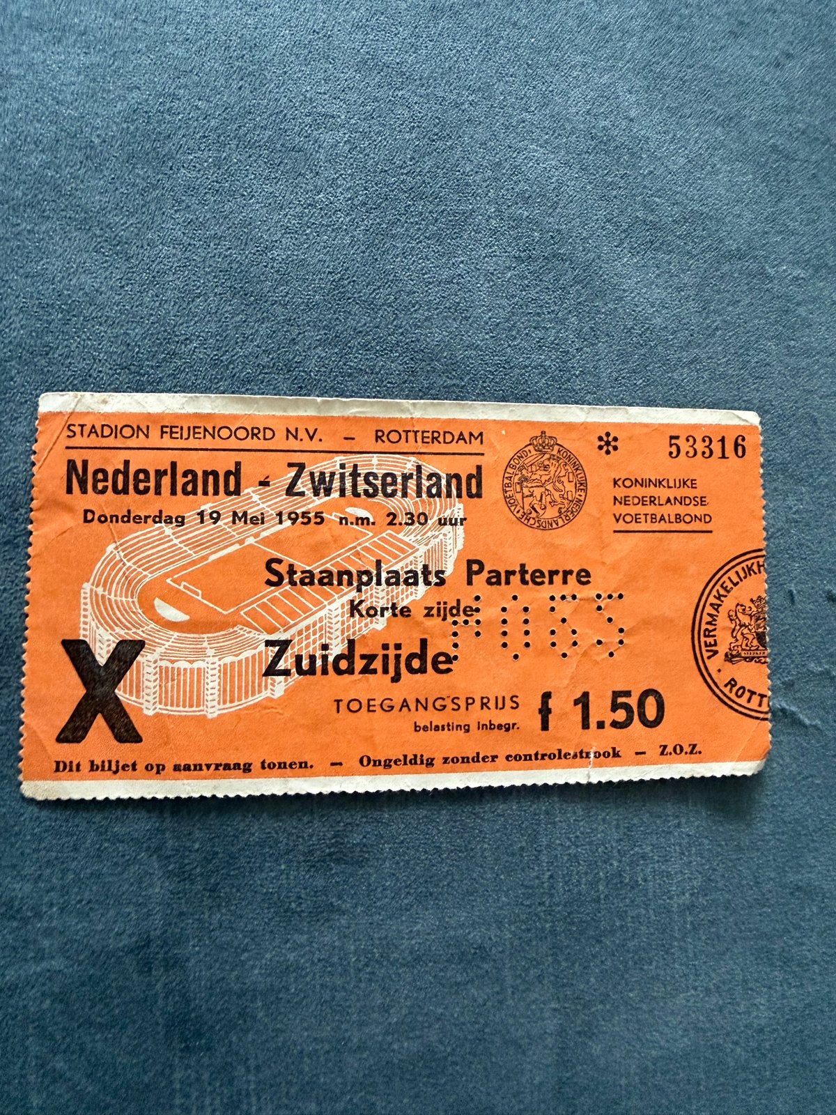 Toegangsticket voetbalinterland Nederland-Zwitserland 1955, Ophalen of Verzenden, Gebruikt, Overige binnenlandse clubs, Poster, Plaatje of Sticker