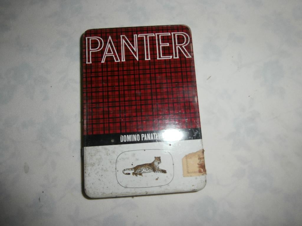 Blikje Panter Domino Panatella, Ophalen of Verzenden, Zo goed als nieuw, Tabaksdoos of Verpakking