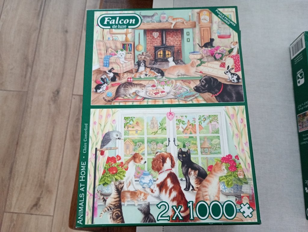 Mooie Falcon puzzel Animals at Home 2x 1000st, Ophalen of Verzenden, 500 t/m 1500 stukjes, Zo goed als nieuw, Legpuzzel