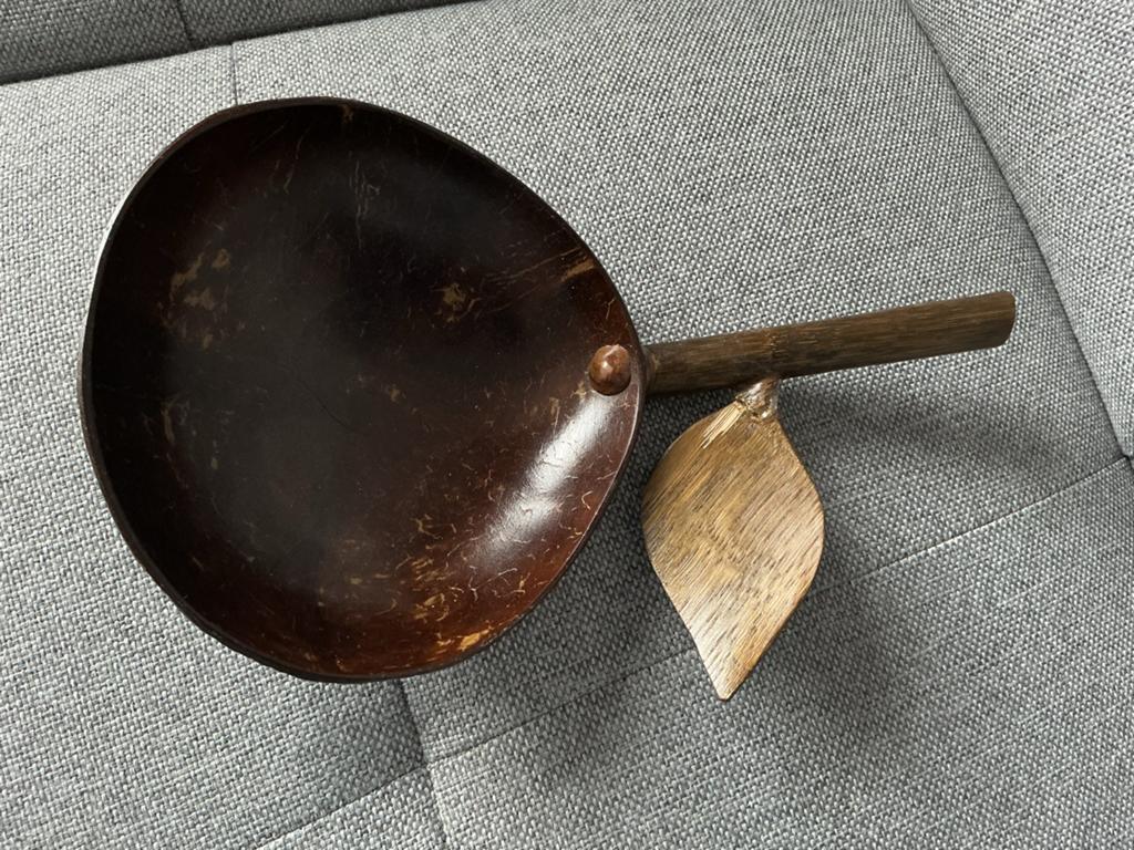 Decoratieve kokosnoot schaal met steel en blad, Ophalen of Verzenden