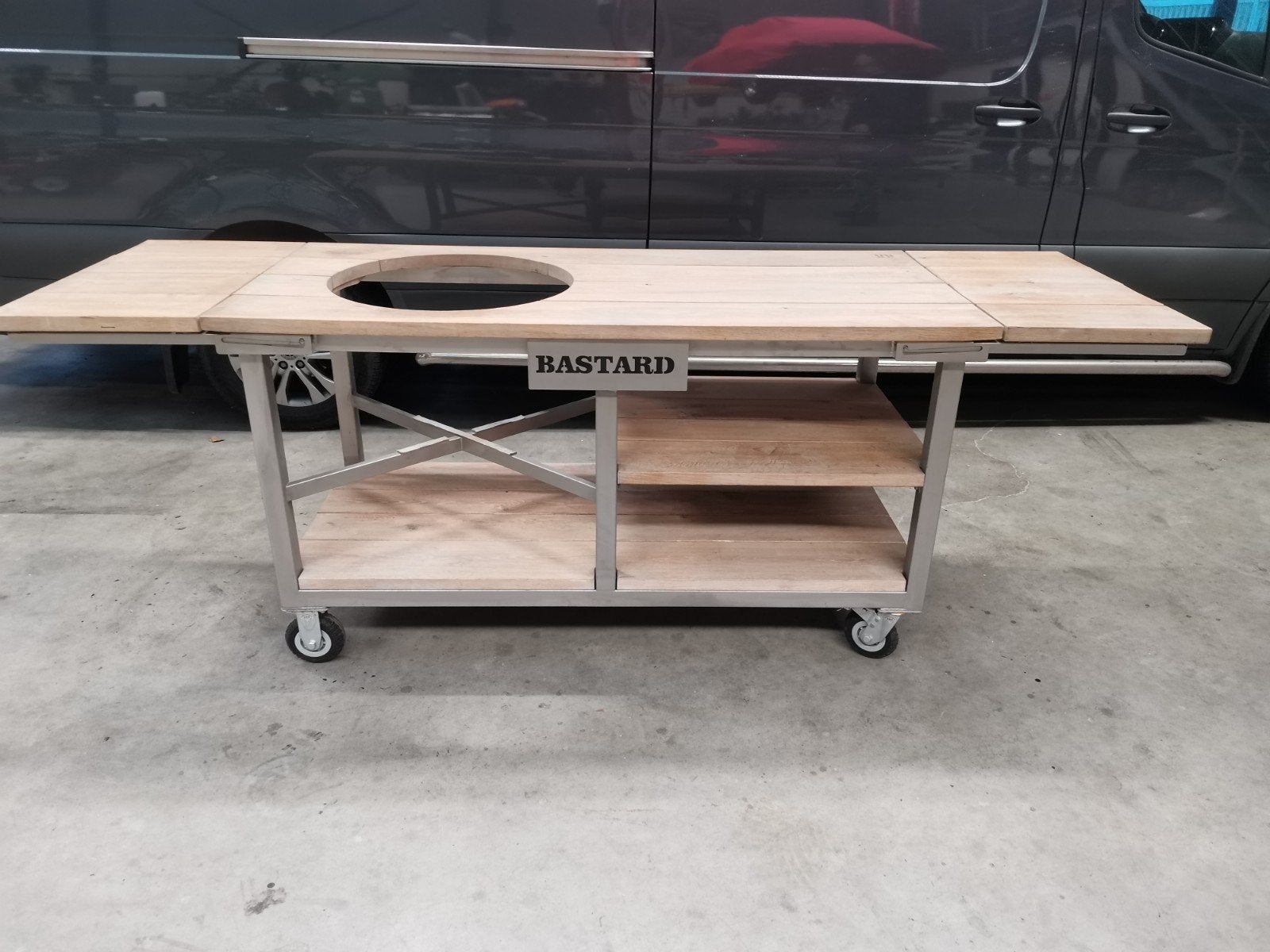 Barbecue tafel RVS eikenhout, verrijdbaar, opklapbare zijden, Ophalen