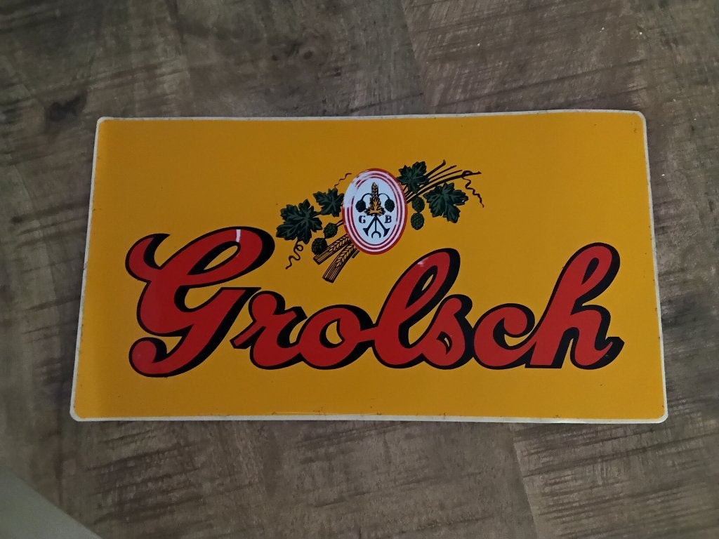 Oude gele Grolsch sticker, Ophalen of Verzenden, Zo goed als nieuw, Viltje(s), Grolsch