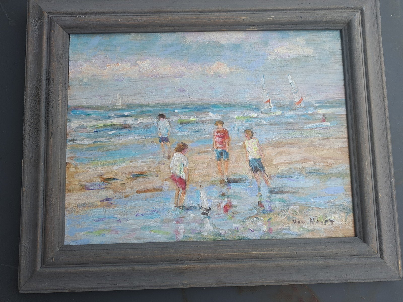 Van Noort, Kinderen aan Zee' - Olieverf op Paneel, Realistisch, Ophalen of Verzenden, Olieverf, Gesigneerd