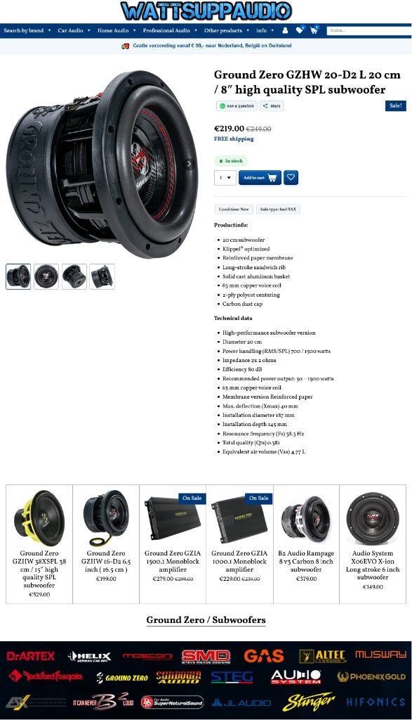 Ground Zero GZHW 20-D2 20 cm / 8 inch SPL subwoofer, https://www.ground-zero-audio.com/en/support-en/contact-page/, Erlenweg 25, 85658 Egmating, Germany