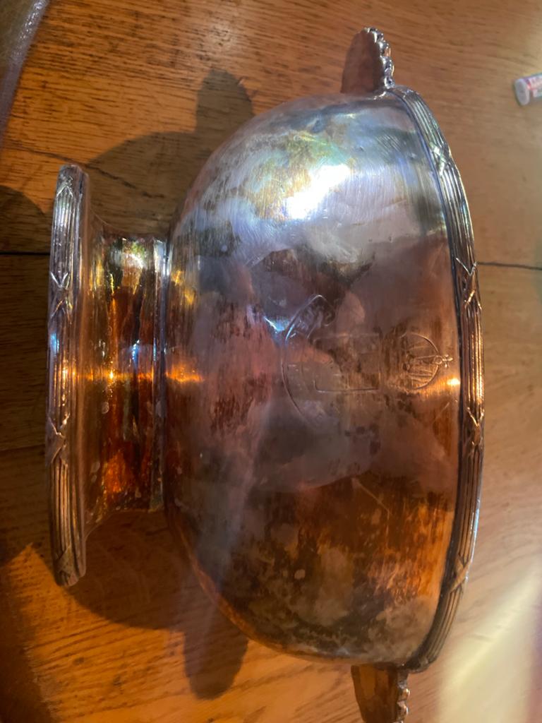 Antieke verzilverde schaal met handvatten, Antiek en Kunst, Ophalen of Verzenden