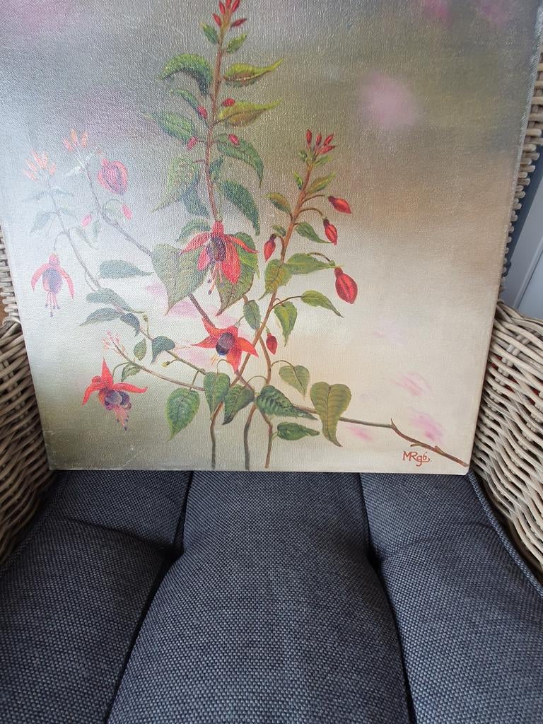 Schilderij met Fuchsia's - Gesigneerd M.R., Ophalen of Verzenden