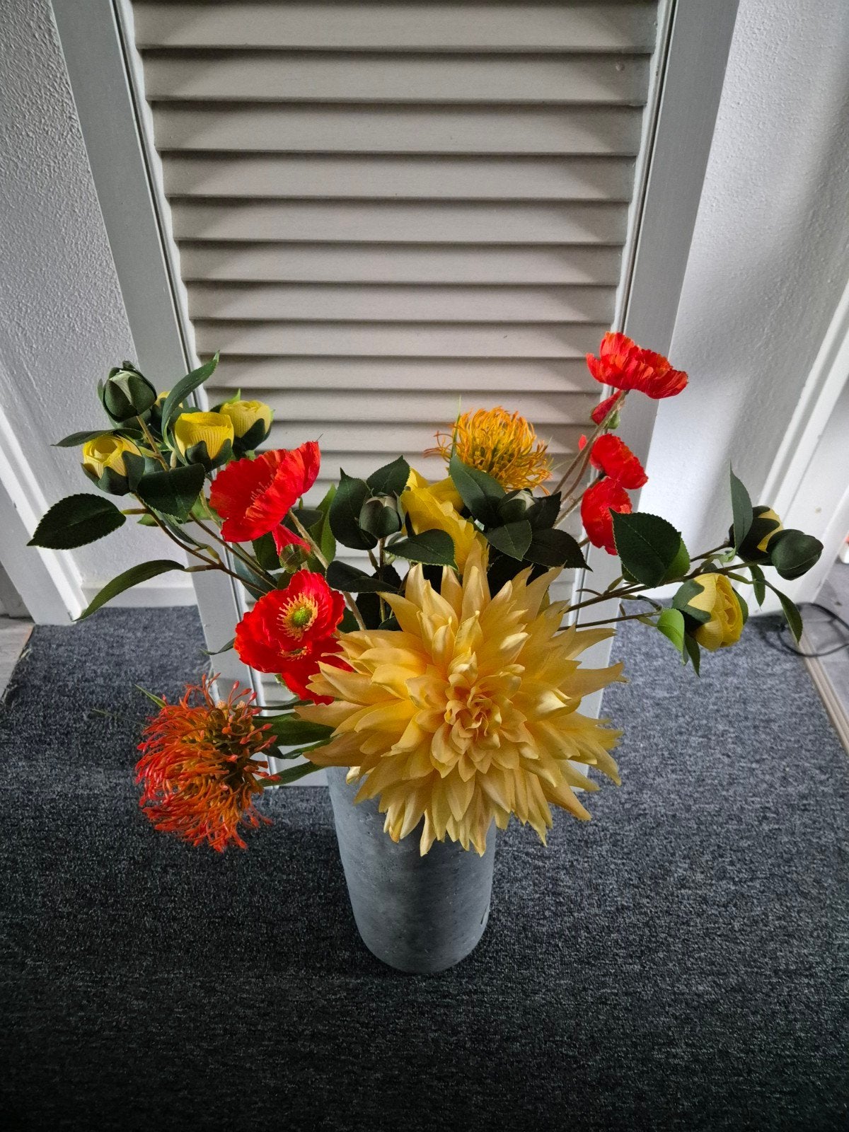 Prachtig kunstbloemen boeket in geel, groen en oranje, Ophalen of Verzenden, Nieuw, Geel, Kunststof