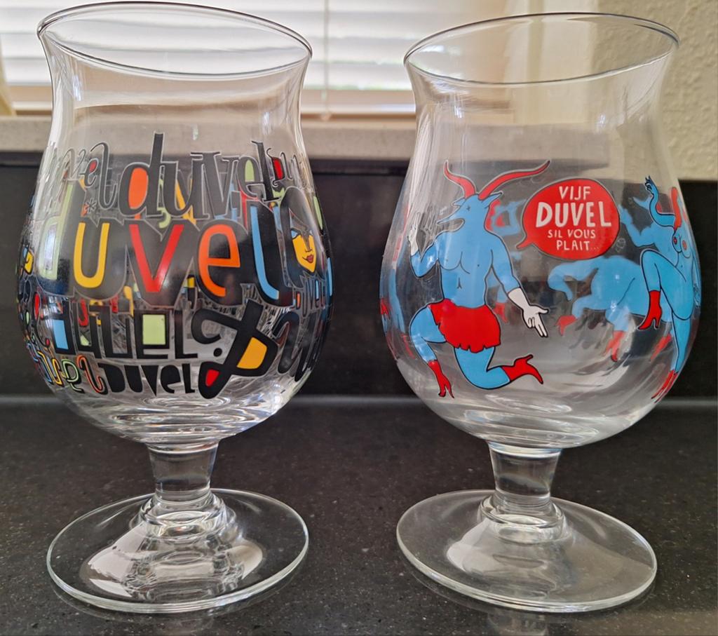 Duvel glazen - Piet Parra & Denis Meyer (set van 2), Verzamelen, Biermerken, Zo goed als nieuw, Ophalen