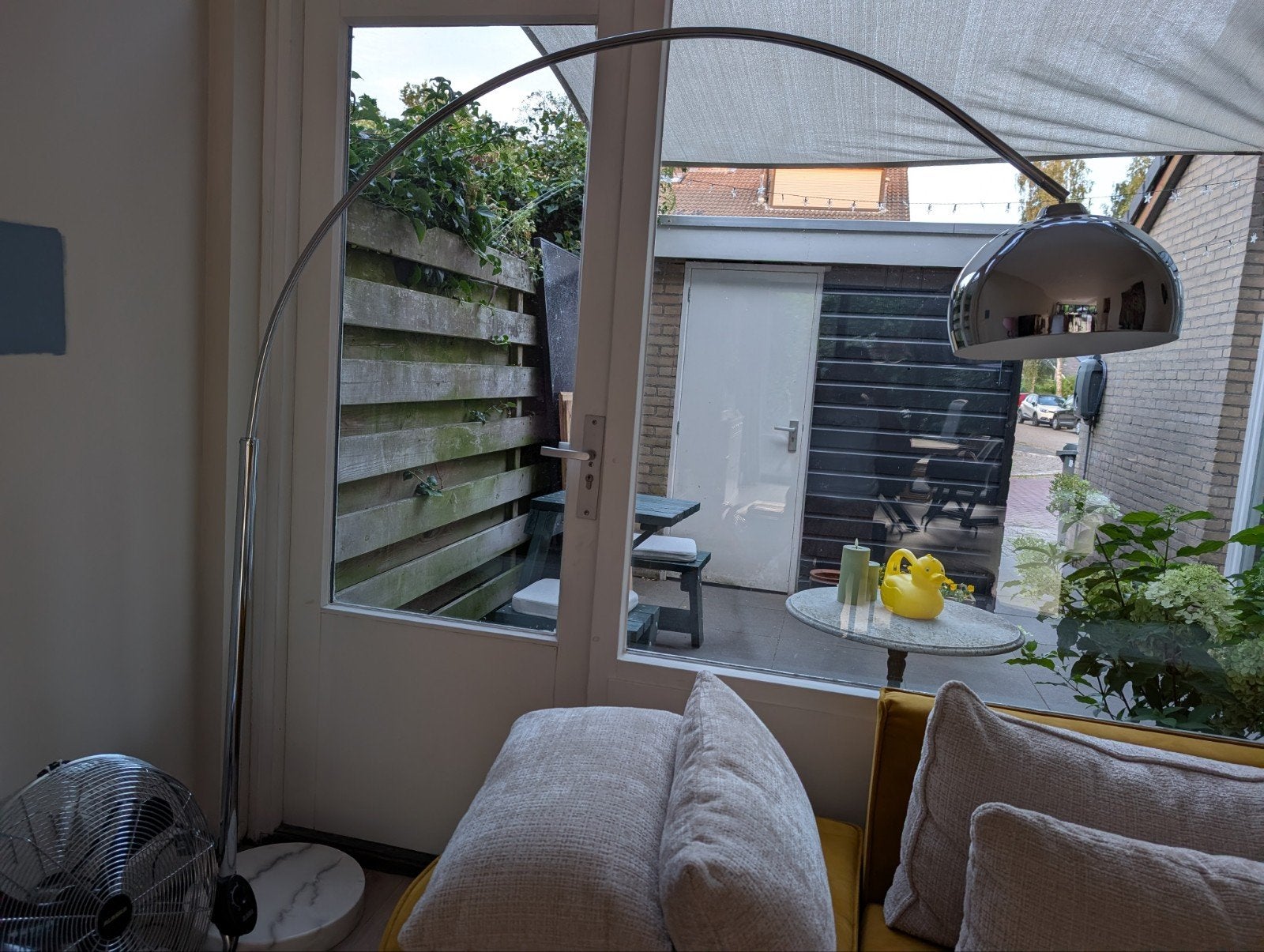 Booglamp met marmeren voet en chromen kap, Ophalen, Gebruikt, E27 (groot), 150 tot 200 cm