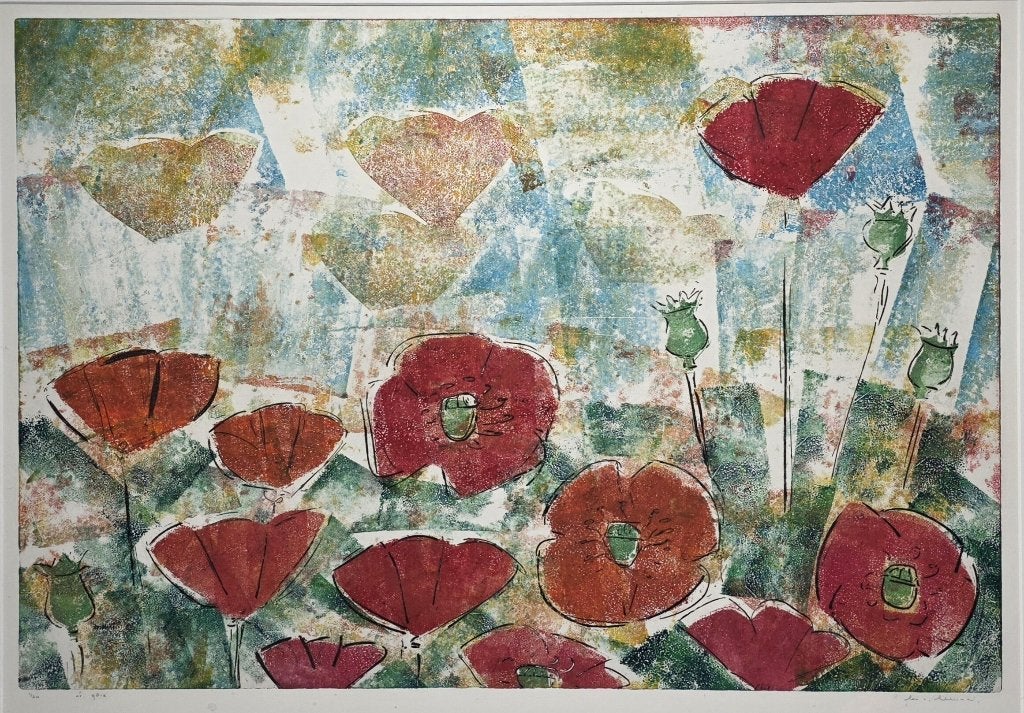 1086. Zeefdruk, Lia van Leeuwen – klaprozen, ca. 1990, Ophalen, Zeefdruk, Dieren en Natuur, Gelimiteerde oplage
