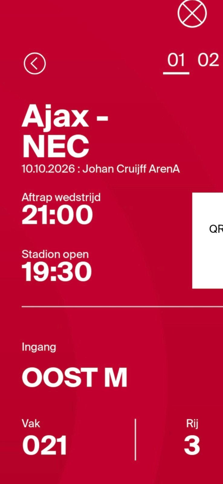 2 kaarten Ajax-Nec vak 021 rij 3 top plekken 50 jaar f side, Tickets en Kaartjes, Losse kaart, Twee personen, Oktober