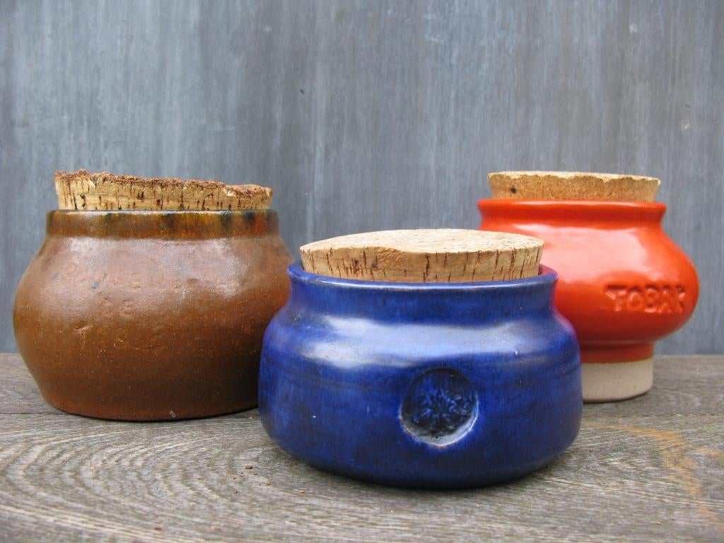 3X TABAKSPOT KERAMIEK/DEKSEL KURK VINTAGE, Ophalen of Verzenden