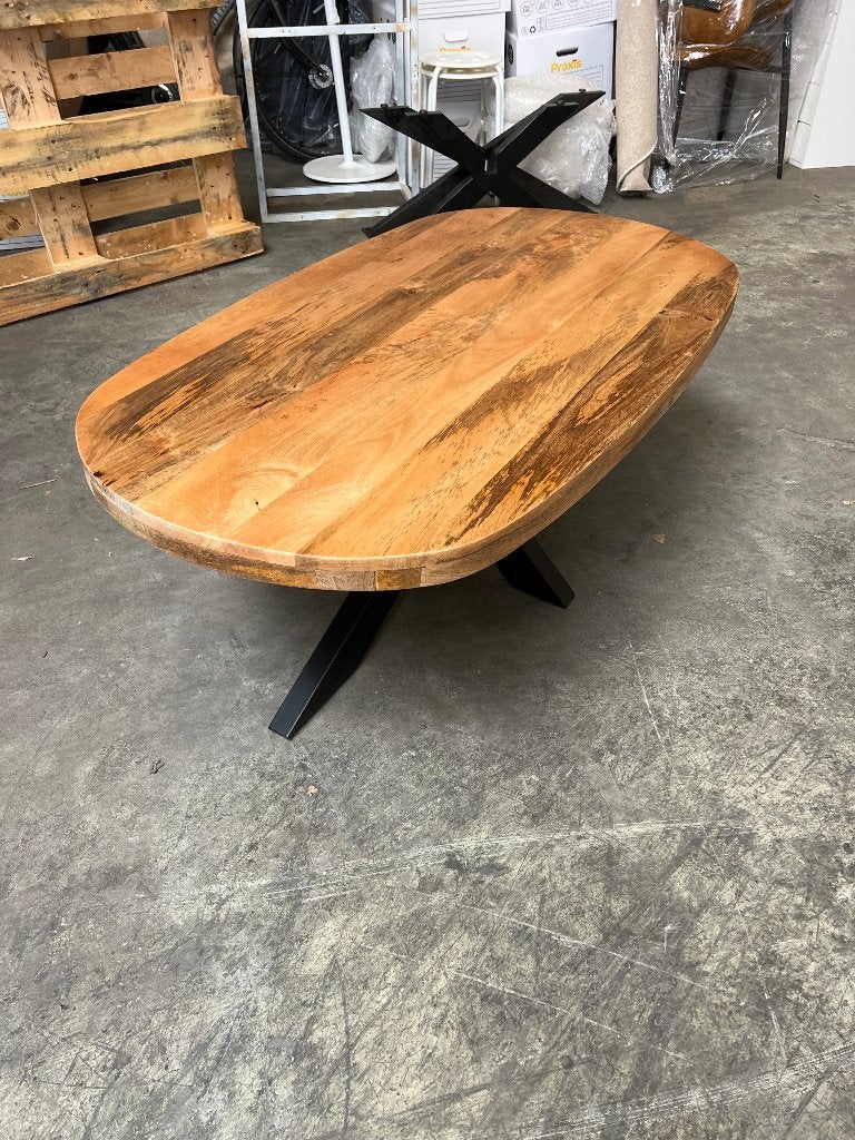 Deens ovale mango salontafel 120x70cm incl. spinpoot, Ophalen, 100 tot 150 cm, Nieuw, 50 tot 100 cm