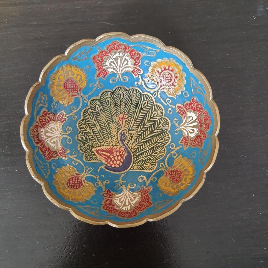 Decoratief schaaltje cloisonne met pauw en bloemen, Ophalen of Verzenden