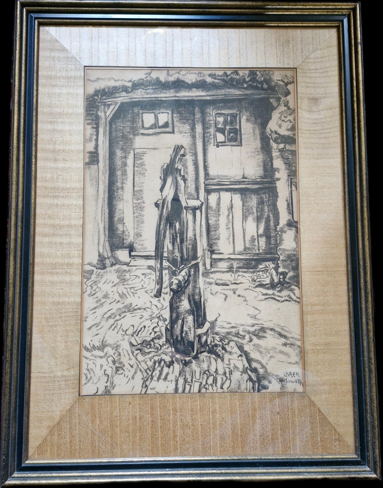 Houtskooltekening Kees van Urk - Larense boerderij met pomp, Ophalen of Verzenden, Tekening, Houtskooltekening, Gesigneerd