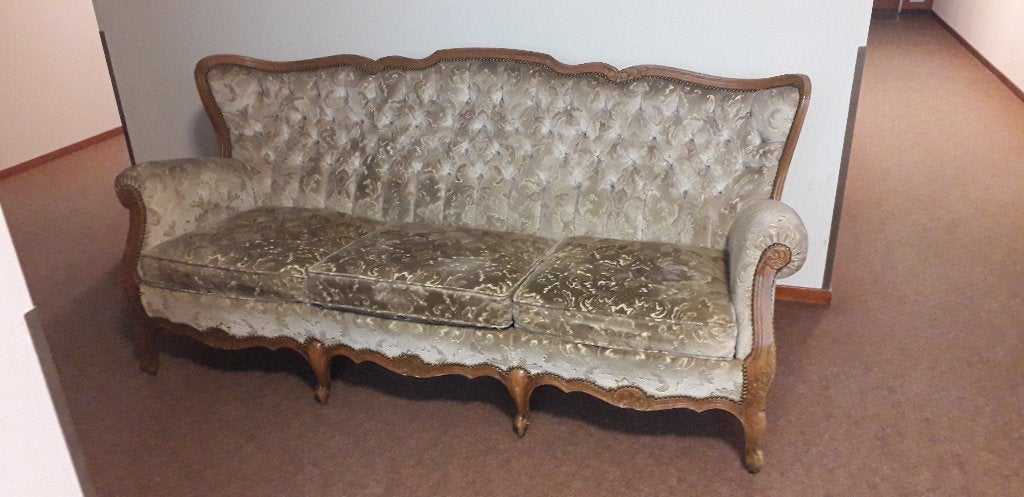 Vintage 3-zits bank met houten frame, Ophalen, Gebruikt, Klassiek, Vintage, Barok, Driepersoons