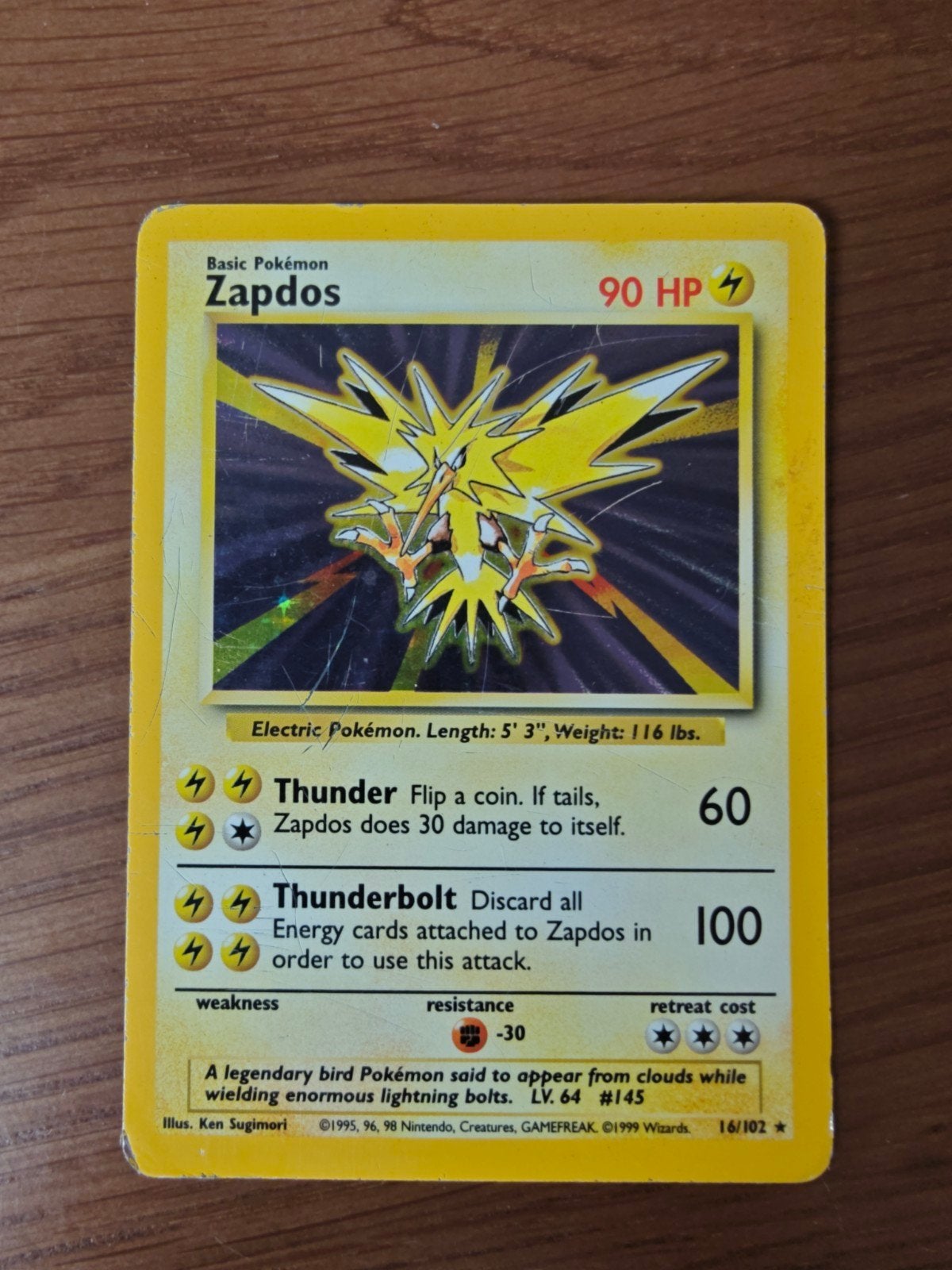 Pokémon Kaart Zapdos 16/102 Holo Base Set WOTC, Ophalen of Verzenden, Gebruikt, Losse kaart, Foil
