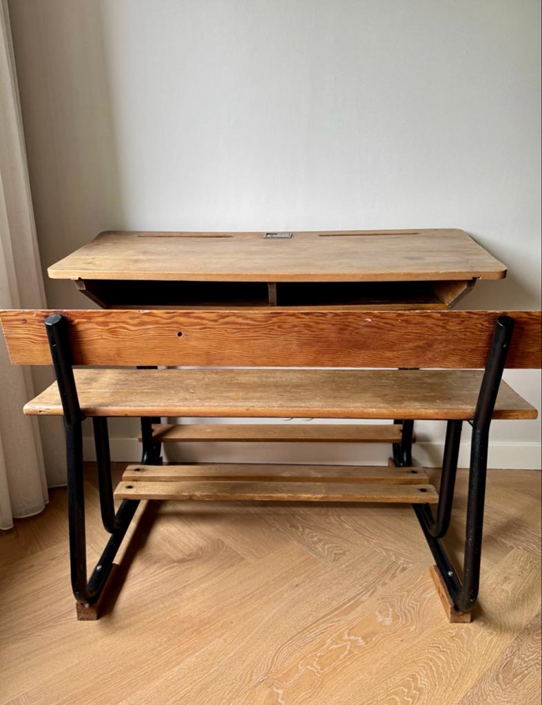 Vintage schoolbankje - Hout en metaal, Antiek en Kunst, Ophalen