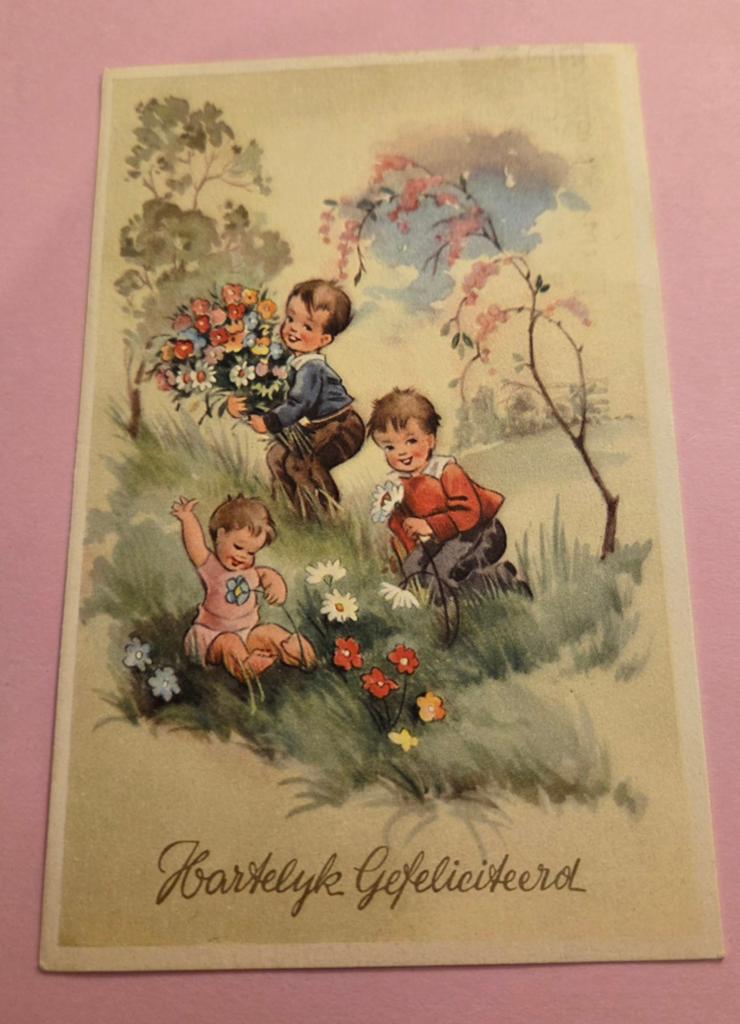 Drie kinderen in grasveld plukken bloemen, Verzenden, 1940 tot 1960, Gelopen, Kinderen