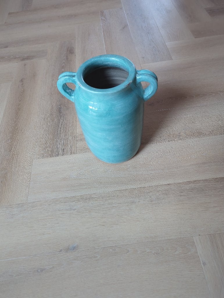 1 vaas ,1 kandelaar (turquoise keramiek) en 1 grijze kruik, Huis en Inrichting, Ophalen, Overige materialen, Gebruikt, Overige kleuren