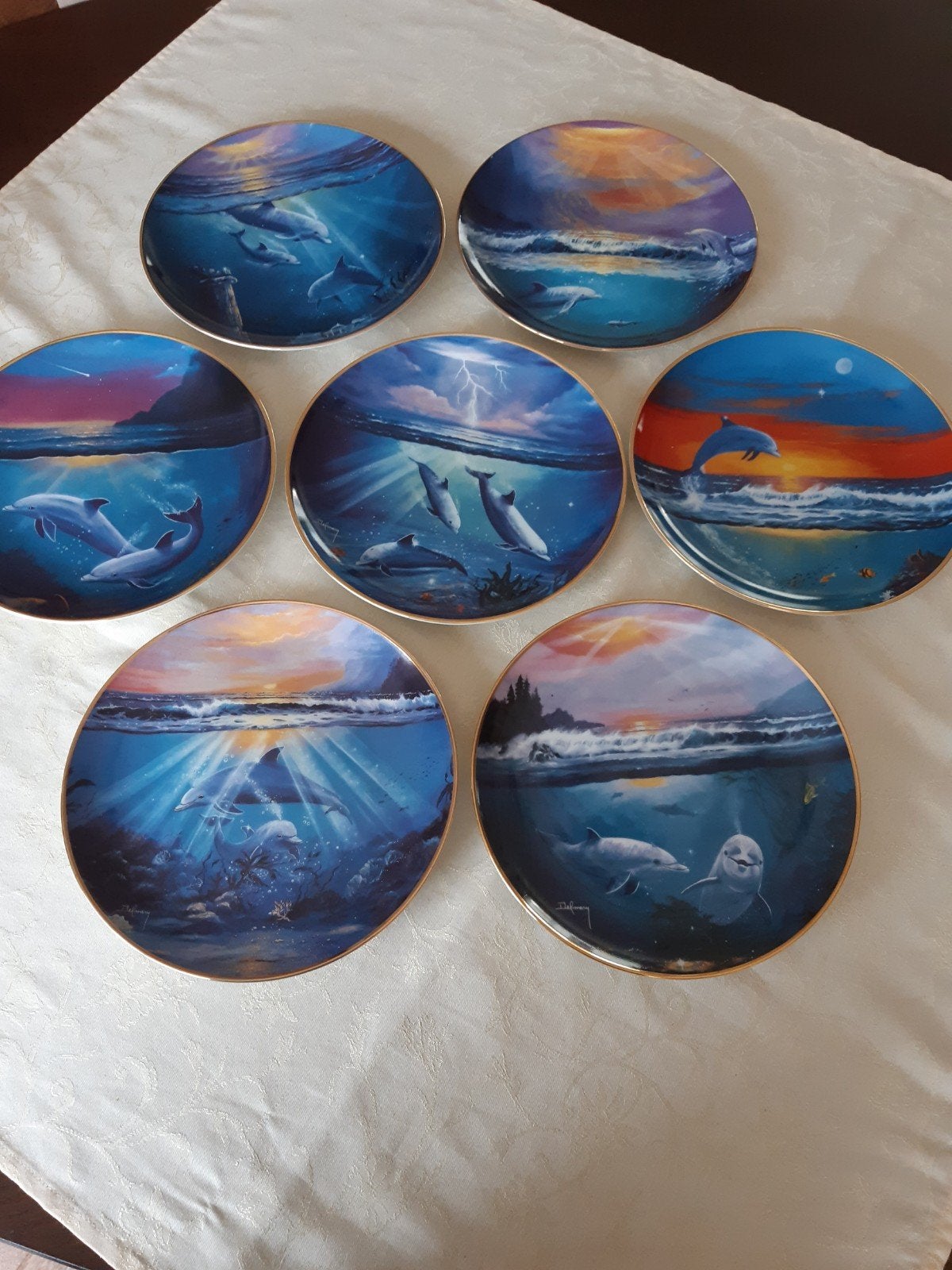 VINTAGE FRANKLIN MINT DOLPHIN PORSELEINEN BORDEN 7 STUKS, Huis en Inrichting, Ophalen of Verzenden