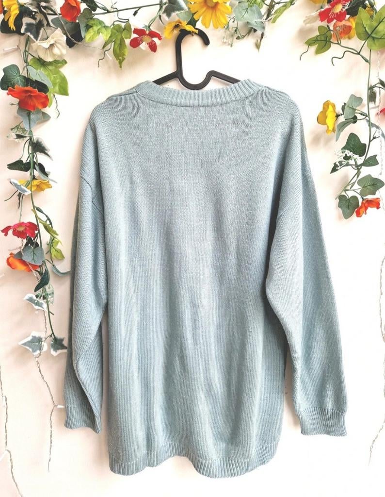 Cozy vintage pastel blauwe trui met borduursels, Ophalen of Verzenden, Zo goed als nieuw, Maat 46/48 (XL) of groter, Blauw