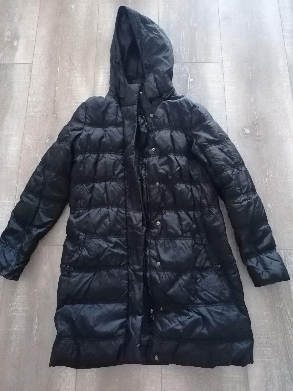 Mango Casual Zwarte Lange Gewatteerde Jas Maat S, Mango Casual, Zwart, Ophalen of Verzenden, Zo goed als nieuw