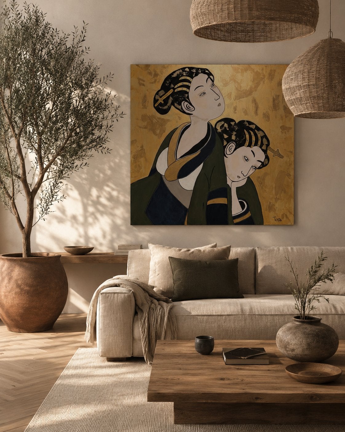 Geisha schilderij japans paneel kunst goud groen groot, Antiek en Kunst, Ophalen