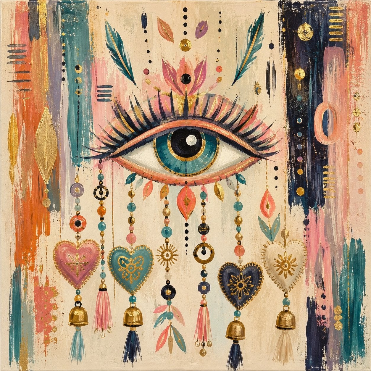 Groot Ibiza stijl kunstwerk .The Eye fine art print 100x140, Overig onderwerp, Ophalen of Verzenden, Textiel, Overige technieken