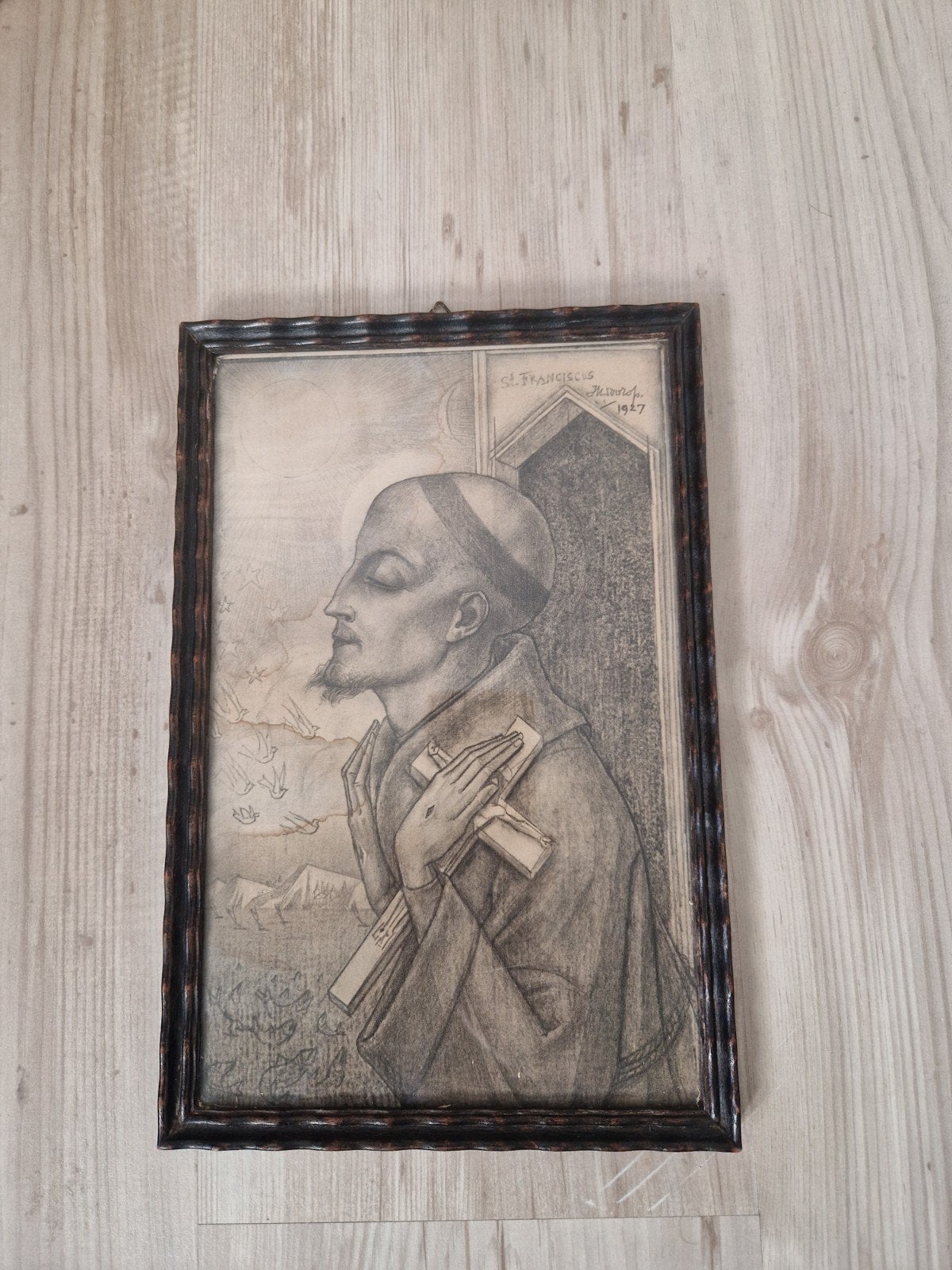 Oude ingelijste tekening van St. Franciscus, 1927, Antiek en Kunst, Ophalen of Verzenden, Tekening, Potloodtekening, Ingelijst