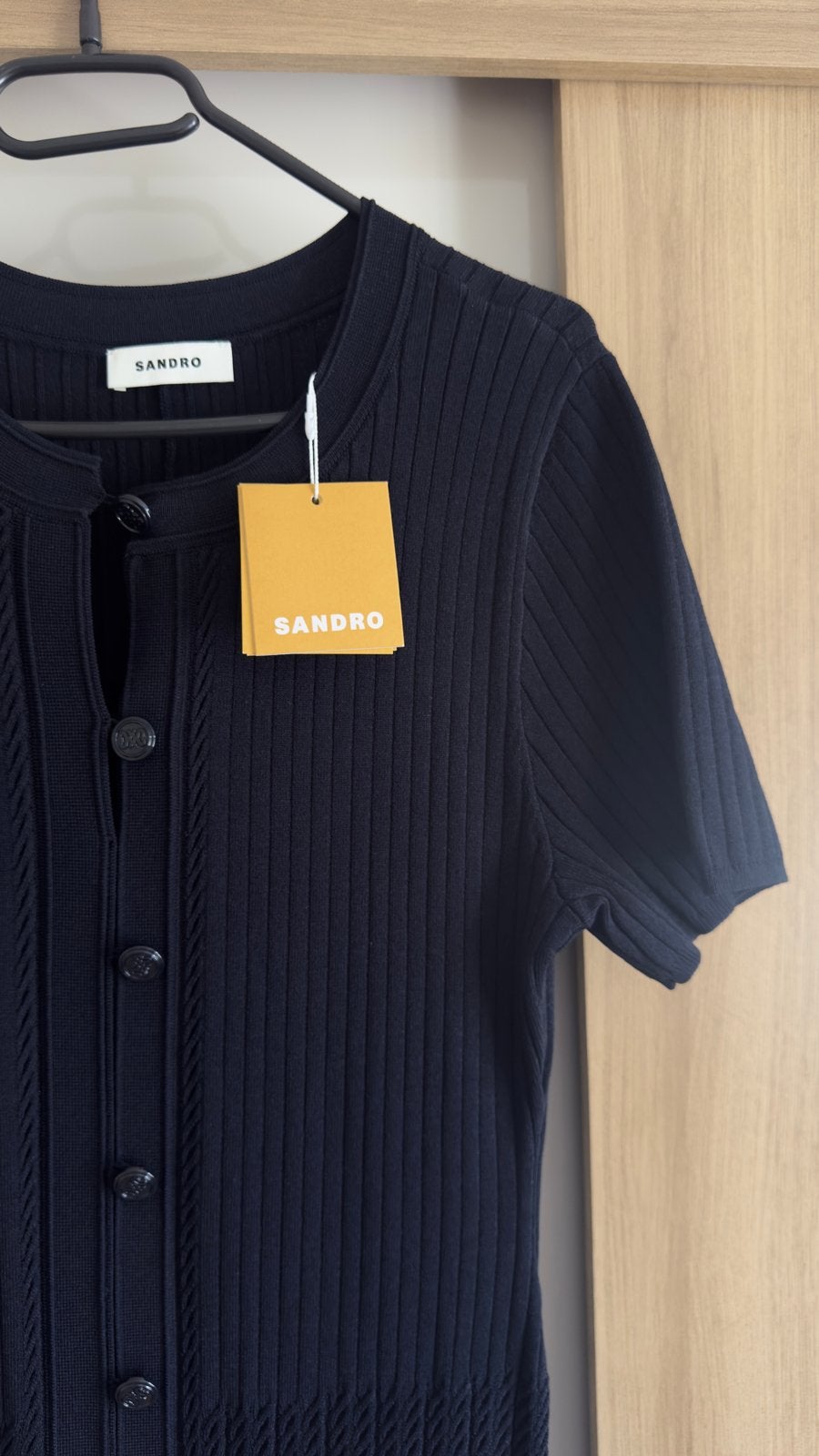 Sandro Midi blousejurk met ribstructuur - Marineblauw, Kleding | Dames, Jurken, Blauw, Maat 42/44 (L), Nieuw, Ophalen of Verzenden