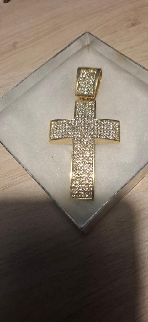 Grote Vergulde Gouden Kruis Hanger met Strass - Nieuw, Nieuw, Ophalen of Verzenden, Kruis of Symbool, Goud